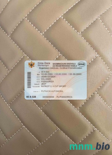 Czarnogóra świadectwo rejestracji pojazdu – wygląd fotograficzny, wygląd skanu + realistyczny obraz, 2 w 1